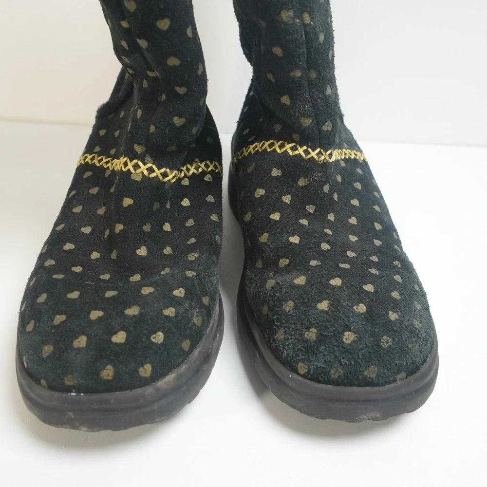 I‎ Heart UGG Suede Boots Girls Size 4 Black Gold Heart Print Mid Calf 1007120